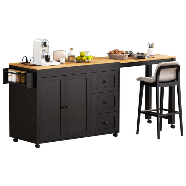 English Elm K&k Rolling Kitchen Island with Extendable Dining Table Power Outlets and Storage Black N707S303401B