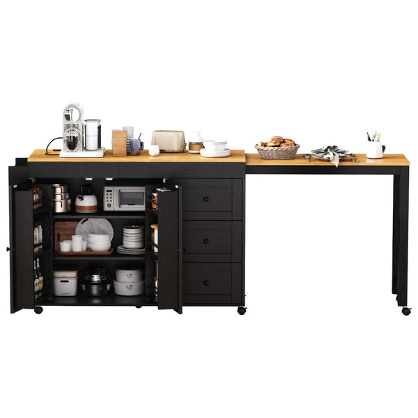 English Elm K&k Rolling Kitchen Island with Extendable Dining Table Power Outlets and Storage Black N707S303401B