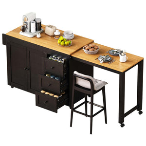 English Elm K&k Rolling Kitchen Island with Extendable Dining Table Power Outlets and Storage Black N707S303401B