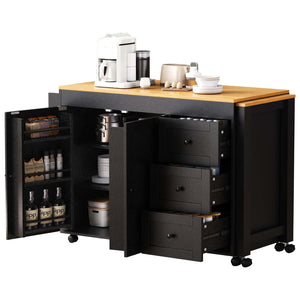 English Elm K&k Rolling Kitchen Island with Extendable Dining Table Power Outlets and Storage Black N707S303401B