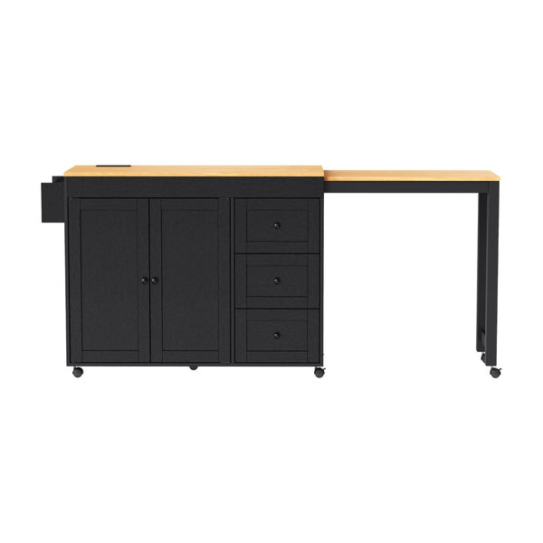 English Elm K&k Rolling Kitchen Island with Extendable Dining Table Power Outlets and Storage Black N707S303401B