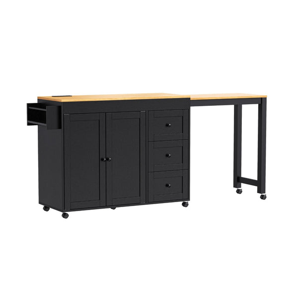 English Elm K&k Rolling Kitchen Island with Extendable Dining Table Power Outlets and Storage Black N707S303401B