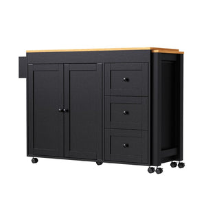English Elm K&k Rolling Kitchen Island with Extendable Dining Table Power Outlets and Storage Black N707S303401B