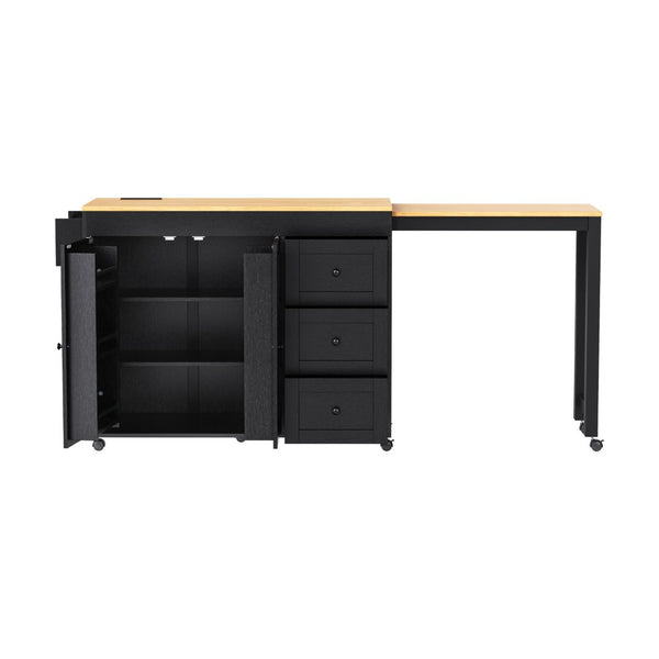 English Elm K&k Rolling Kitchen Island with Extendable Dining Table Power Outlets and Storage Black N707S303401B
