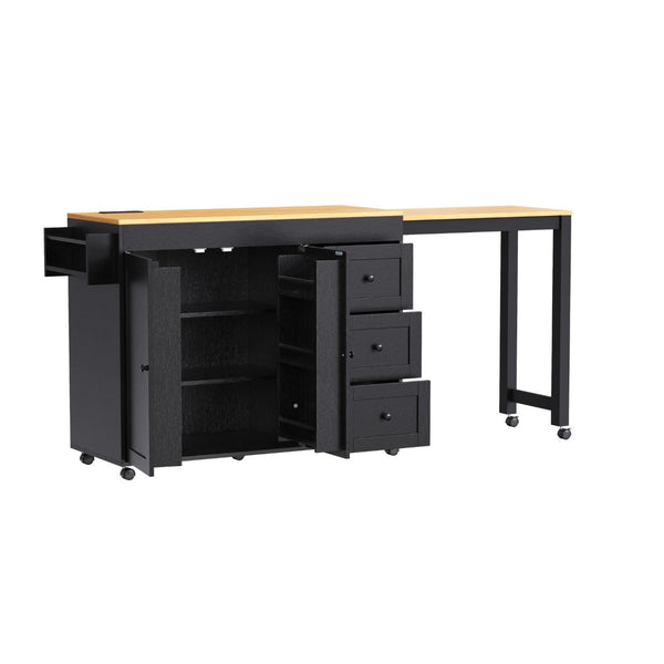 English Elm K&k Rolling Kitchen Island with Extendable Dining Table Power Outlets and Storage Black N707S303401B