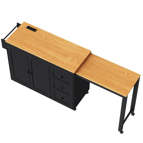 English Elm K&k Rolling Kitchen Island with Extendable Dining Table Power Outlets and Storage Black N707S303401B