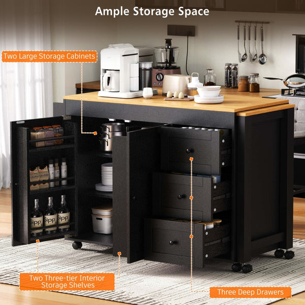 English Elm K&k Rolling Kitchen Island with Extendable Dining Table Power Outlets and Storage Black N707S303401B