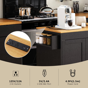 English Elm K&k Rolling Kitchen Island with Extendable Dining Table Power Outlets and Storage Black N707S303401B