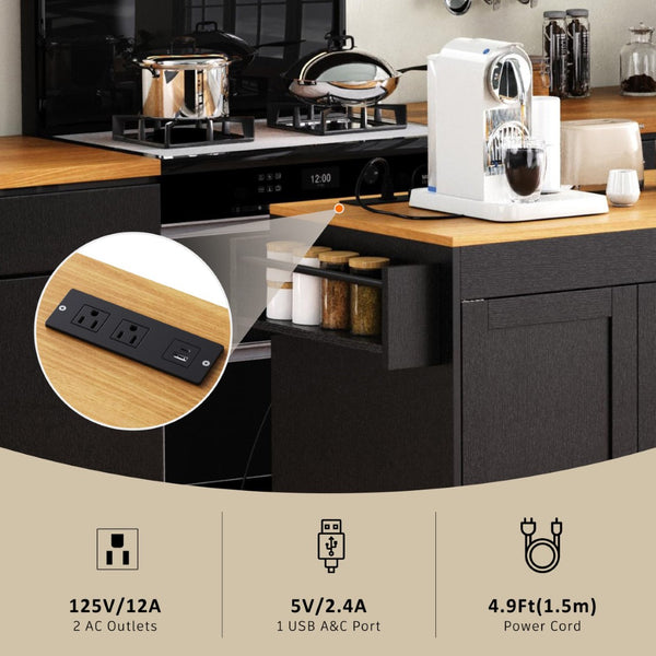 English Elm K&k Rolling Kitchen Island with Extendable Dining Table Power Outlets and Storage Black N707S303401B