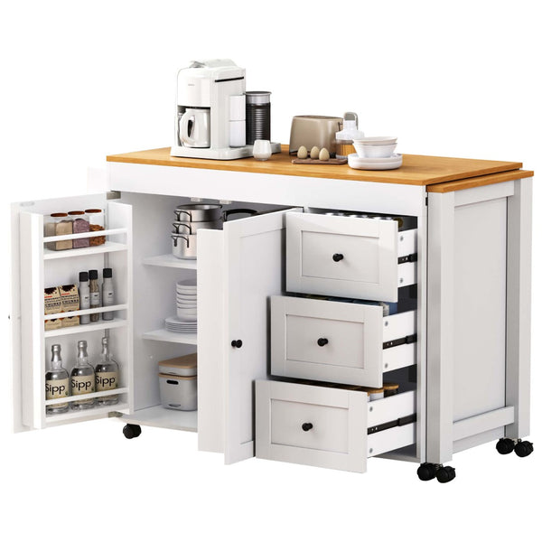 English Elm K&k Rolling Kitchen Island with Extendable Dining Table Power Outlets and Storage White N707S303401W