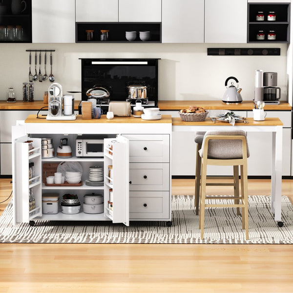 English Elm K&k Rolling Kitchen Island with Extendable Dining Table Power Outlets and Storage White N707S303401W