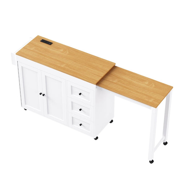 English Elm K&k Rolling Kitchen Island with Extendable Dining Table Power Outlets and Storage White N707S303401W