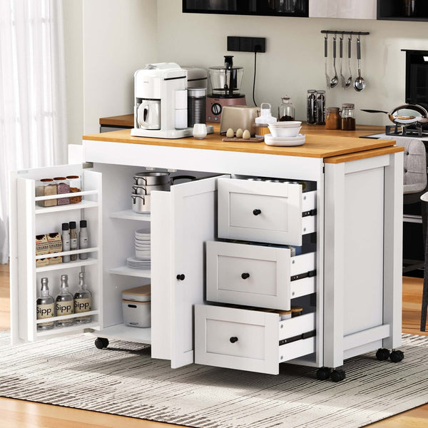 English Elm K&k Rolling Kitchen Island with Extendable Dining Table Power Outlets and Storage White N707S303401W