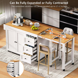 English Elm K&k Rolling Kitchen Island with Extendable Dining Table Power Outlets and Storage White N707S303401W