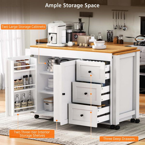 English Elm K&k Rolling Kitchen Island with Extendable Dining Table Power Outlets and Storage White N707S303401W