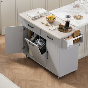 English Elm K&k Rolling Kitchen Island with Drop Leaf Trash Cabinet Spice Rack and Drawer Storage Grey N707S326381G