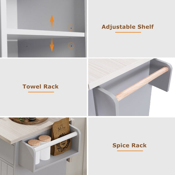 English Elm K&k Rolling Kitchen Island with Drop Leaf Trash Cabinet Spice Rack and Drawer Storage Grey N707S326381G