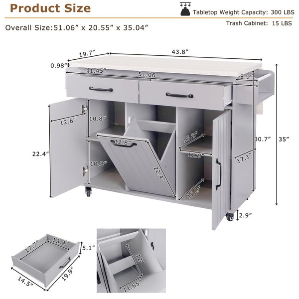 English Elm K&k Rolling Kitchen Island with Drop Leaf Trash Cabinet Spice Rack and Drawer Storage Grey N707S326381G