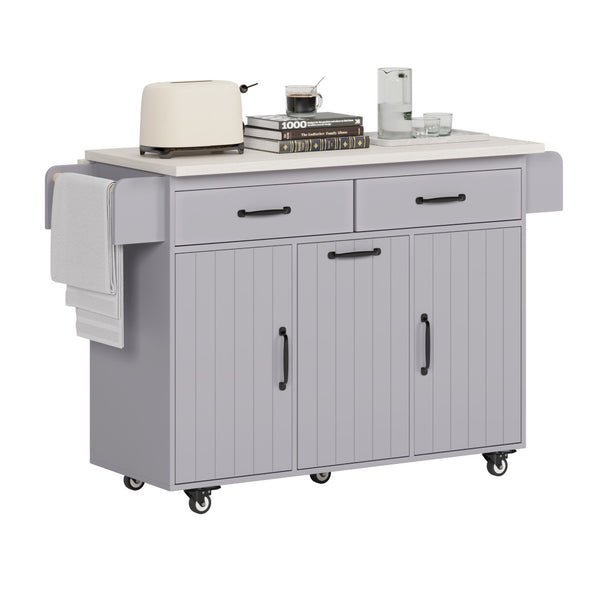 English Elm K&k Rolling Kitchen Island with Drop Leaf Trash Cabinet Spice Rack and Drawer Storage Grey N707S326381G
