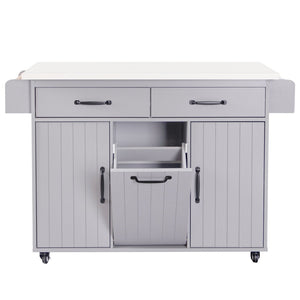 English Elm K&k Rolling Kitchen Island with Drop Leaf Trash Cabinet Spice Rack and Drawer Storage Grey N707S326381G