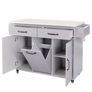 English Elm K&k Rolling Kitchen Island with Drop Leaf Trash Cabinet Spice Rack and Drawer Storage Grey N707S326381G