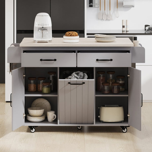 English Elm K&k Rolling Kitchen Island with Drop Leaf Trash Cabinet Spice Rack and Drawer Storage Grey N707S326381G
