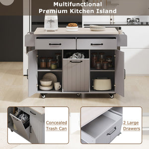 English Elm K&k Rolling Kitchen Island with Drop Leaf Trash Cabinet Spice Rack and Drawer Storage Grey N707S326381G