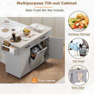 English Elm K&k Rolling Kitchen Island with Drop Leaf Trash Cabinet Spice Rack and Drawer Storage Grey N707S326381G