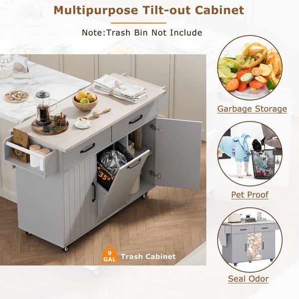 English Elm K&k Rolling Kitchen Island with Drop Leaf Trash Cabinet Spice Rack and Drawer Storage Grey N707S326381G