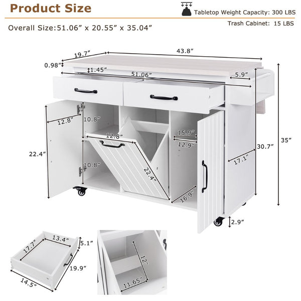 English Elm K&k Rolling Kitchen Island with Drop Leaf Trash Cabinet Spice Rack and Drawer Storage American White Oak N707S326381W