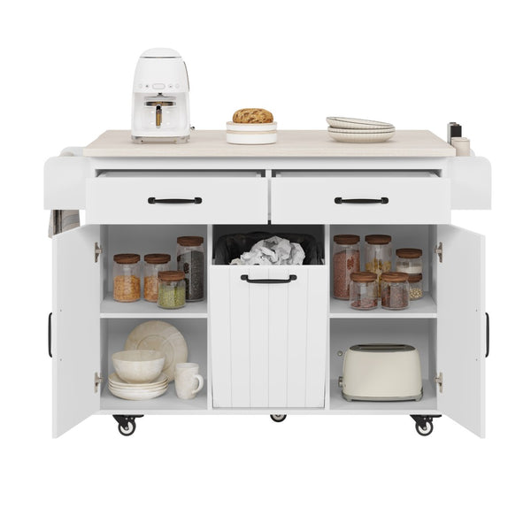 English Elm K&k Rolling Kitchen Island with Drop Leaf Trash Cabinet Spice Rack and Drawer Storage American White Oak N707S326381W