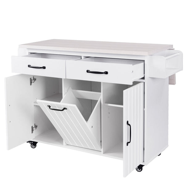 English Elm K&k Rolling Kitchen Island with Drop Leaf Trash Cabinet Spice Rack and Drawer Storage American White Oak N707S326381W