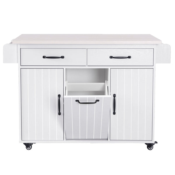 English Elm K&k Rolling Kitchen Island with Drop Leaf Trash Cabinet Spice Rack and Drawer Storage American White Oak N707S326381W