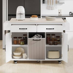 English Elm K&k Rolling Kitchen Island with Drop Leaf Trash Cabinet Spice Rack and Drawer Storage American White Oak N707S326381W