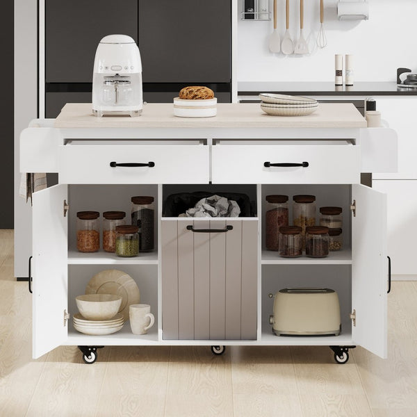 English Elm K&k Rolling Kitchen Island with Drop Leaf Trash Cabinet Spice Rack and Drawer Storage American White Oak N707S326381W