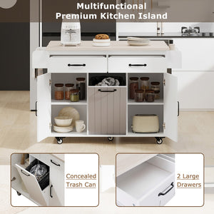 English Elm K&k Rolling Kitchen Island with Drop Leaf Trash Cabinet Spice Rack and Drawer Storage American White Oak N707S326381W