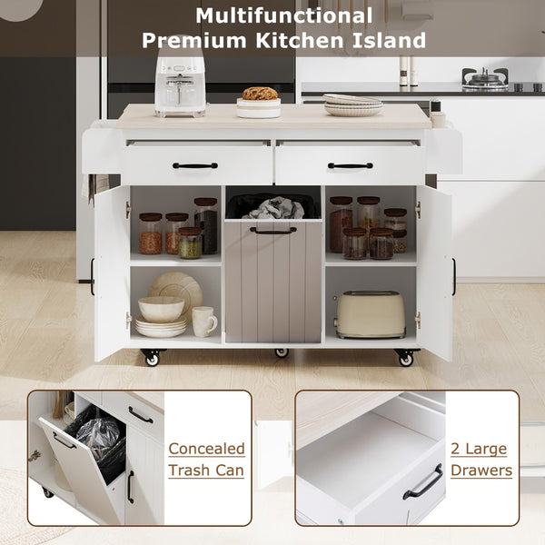 English Elm K&k Rolling Kitchen Island with Drop Leaf Trash Cabinet Spice Rack and Drawer Storage American White Oak N707S326381W