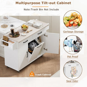 English Elm K&k Rolling Kitchen Island with Drop Leaf Trash Cabinet Spice Rack and Drawer Storage American White Oak N707S326381W