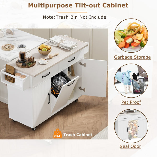 English Elm K&k Rolling Kitchen Island with Drop Leaf Trash Cabinet Spice Rack and Drawer Storage American White Oak N707S326381W