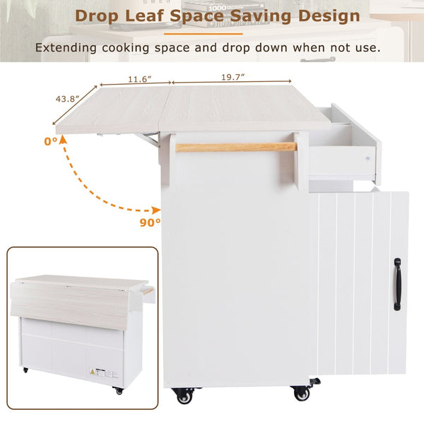 English Elm K&k Rolling Kitchen Island with Drop Leaf Trash Cabinet Spice Rack and Drawer Storage American White Oak N707S326381W