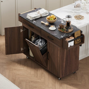 English Elm K&k Rolling Kitchen Island with Drop Leaf Trash Cabinet Spice Rack and Drawer Storage Walnut Brown N707S326381Z