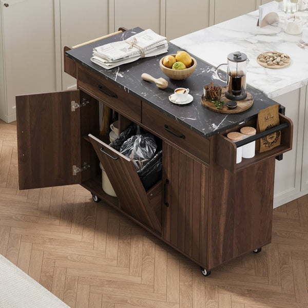 English Elm K&k Rolling Kitchen Island with Drop Leaf Trash Cabinet Spice Rack and Drawer Storage Walnut Brown N707S326381Z
