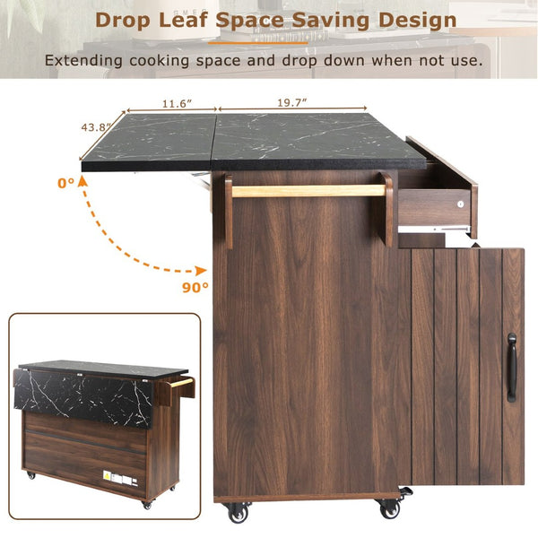 English Elm K&k Rolling Kitchen Island with Drop Leaf Trash Cabinet Spice Rack and Drawer Storage Walnut Brown N707S326381Z