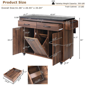 English Elm K&k Rolling Kitchen Island with Drop Leaf Trash Cabinet Spice Rack and Drawer Storage Walnut Brown N707S326381Z