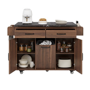 English Elm K&k Rolling Kitchen Island with Drop Leaf Trash Cabinet Spice Rack and Drawer Storage Walnut Brown N707S326381Z