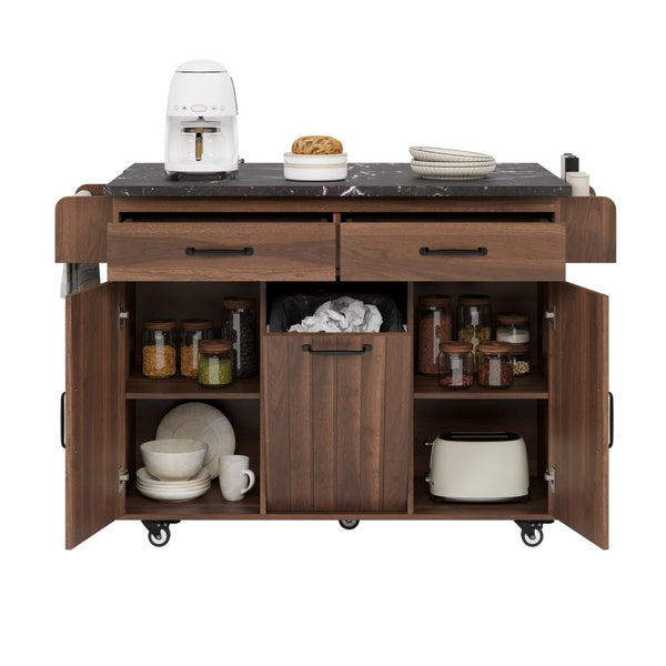 English Elm K&k Rolling Kitchen Island with Drop Leaf Trash Cabinet Spice Rack and Drawer Storage Walnut Brown N707S326381Z