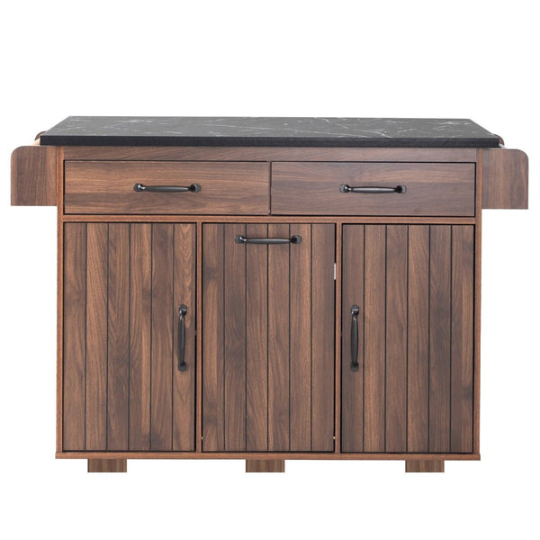 English Elm K&k Rolling Kitchen Island with Drop Leaf Trash Cabinet Spice Rack and Drawer Storage Walnut Brown N707S326381Z
