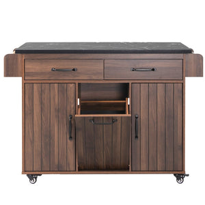 English Elm K&k Rolling Kitchen Island with Drop Leaf Trash Cabinet Spice Rack and Drawer Storage Walnut Brown N707S326381Z