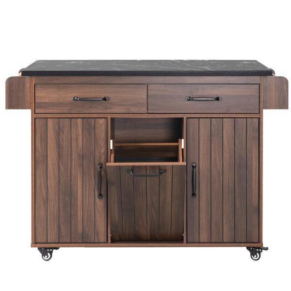 English Elm K&k Rolling Kitchen Island with Drop Leaf Trash Cabinet Spice Rack and Drawer Storage Walnut Brown N707S326381Z
