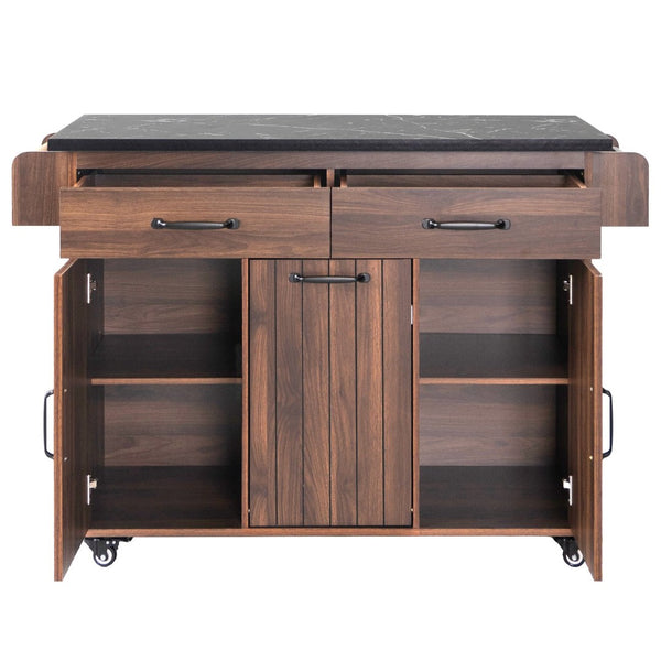 English Elm K&k Rolling Kitchen Island with Drop Leaf Trash Cabinet Spice Rack and Drawer Storage Walnut Brown N707S326381Z